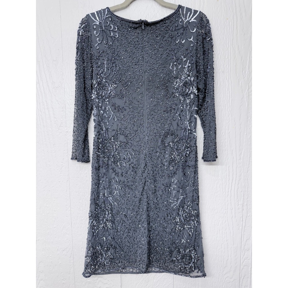 Pisarro‎ Nights Womens Size 12 Beaded Floral Mesh Dress Grey V-Neck 3/4 Sleeve - Picture 2 of 10